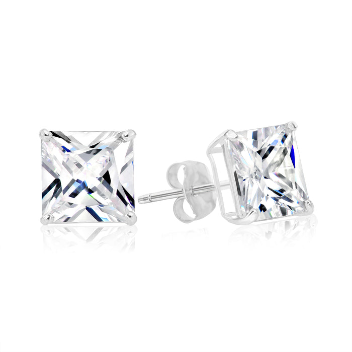925 Sterling Silver 4 Prong Square Princess Solitaire CZ Studs - Pushback