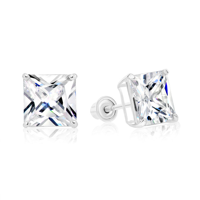 14k White Gold Square CZ Stud Earrings - Screwback
