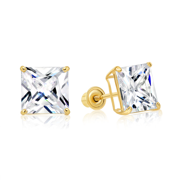 14k Yellow Gold Square CZ Stud Earrings - Screwback