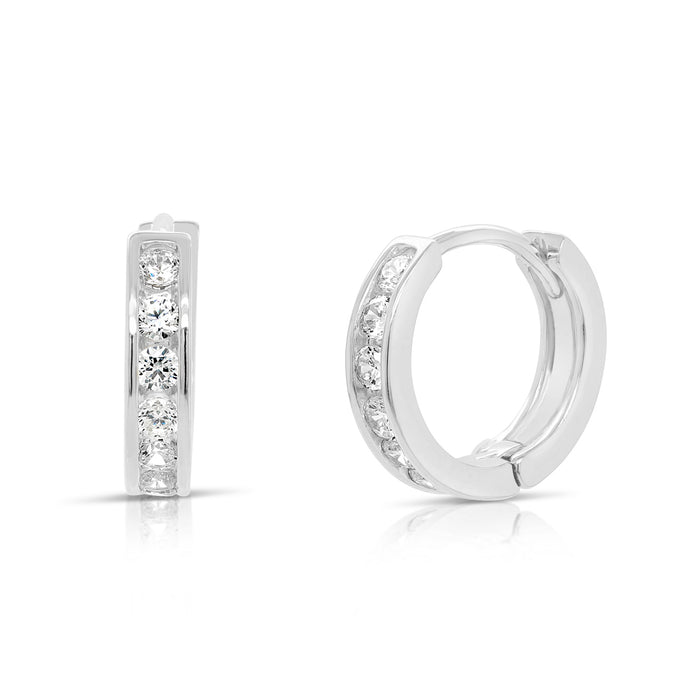 925 Sterling Silver Channel Set CZ Huggie Hoops - 12MM