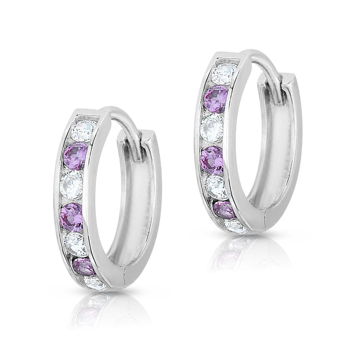 925 Sterling Silver Cubic Zirconia Birthstone Color Huggie Hoop Earrings, 13mm