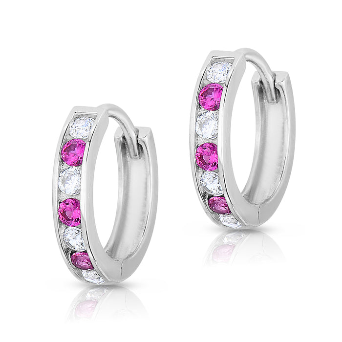 925 Sterling Silver Cubic Zirconia Birthstone Color Huggie Hoop Earrings, 13mm