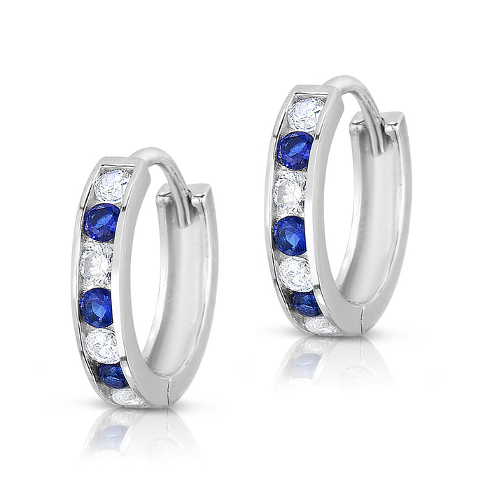 925 Sterling Silver Cubic Zirconia Birthstone Color Huggie Hoop Earrings, 13mm