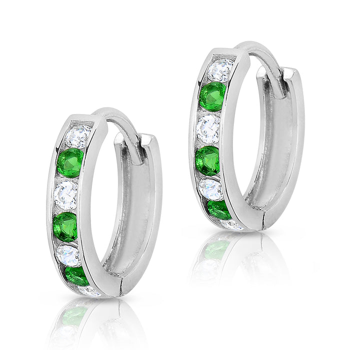 925 Sterling Silver Cubic Zirconia Birthstone Color Huggie Hoop Earrings, 13mm