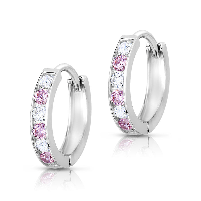925 Sterling Silver Cubic Zirconia Birthstone Color Huggie Hoop Earrings, 13mm