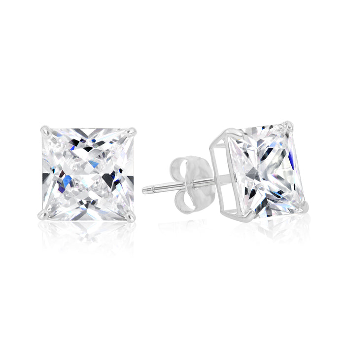925 Sterling Silver 4 Prong Square Princess Solitaire CZ Studs - Pushback