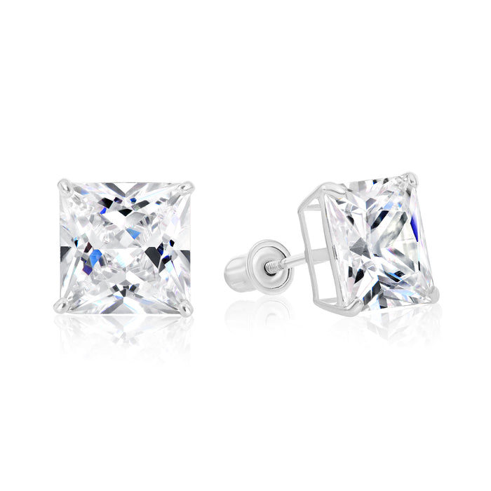 14k White Gold Square CZ Stud Earrings - Screwback