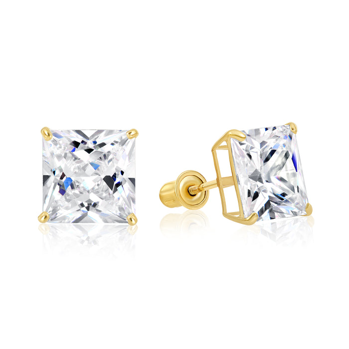14k Yellow Gold Square CZ Stud Earrings - Screwback