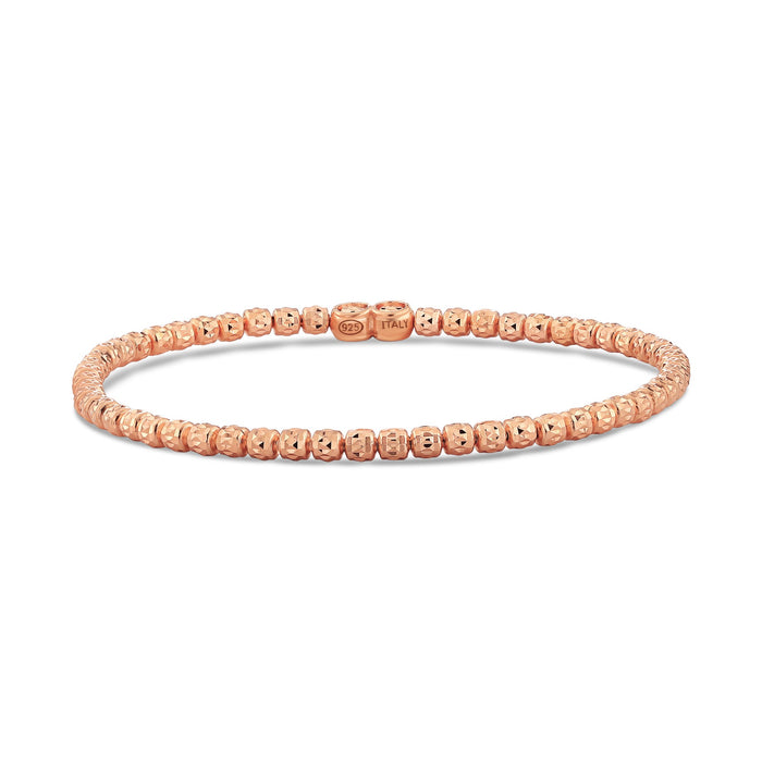 14K Rose Gold Plated Diamond-Cut "Tiger" Bead Stretch Bracelet, Solid Sterling Silver