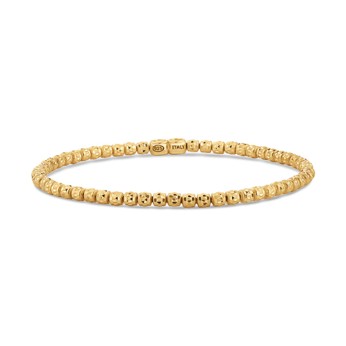 14K Gold Plated Diamond-Cut "Tiger" Bead Stretch Bracelet, Solid Sterling Silver