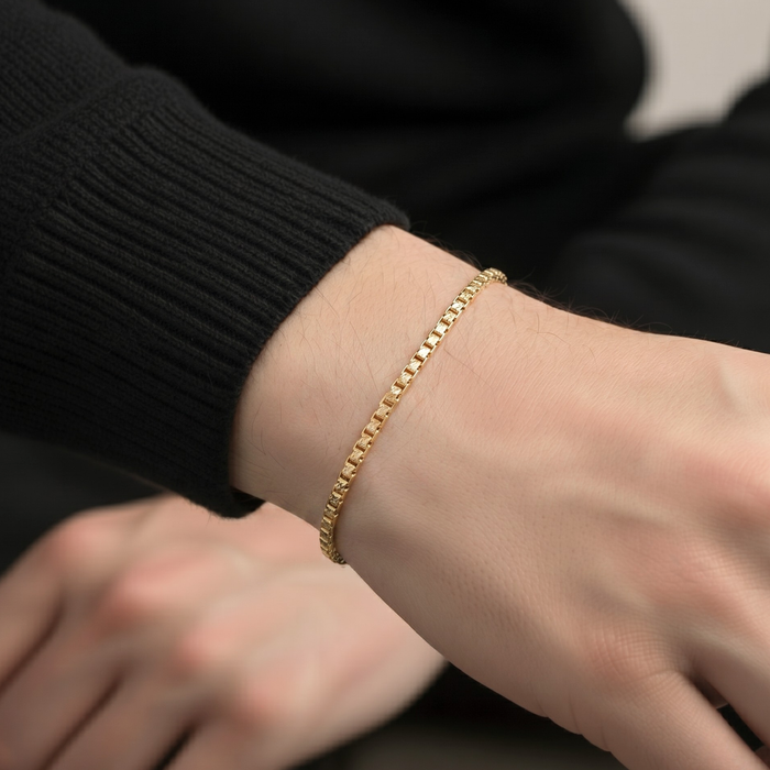 14K Gold Plated Italian Box Chain Bracelet, Solid Sterling Silver, With Lobster Lock