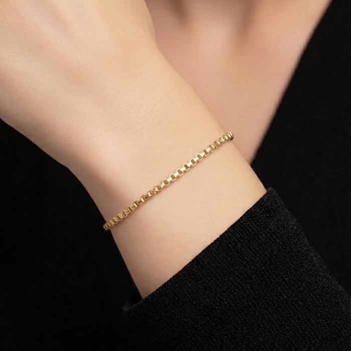 14K Gold Plated Italian Box Chain Bracelet, Solid Sterling Silver, With Lobster Lock