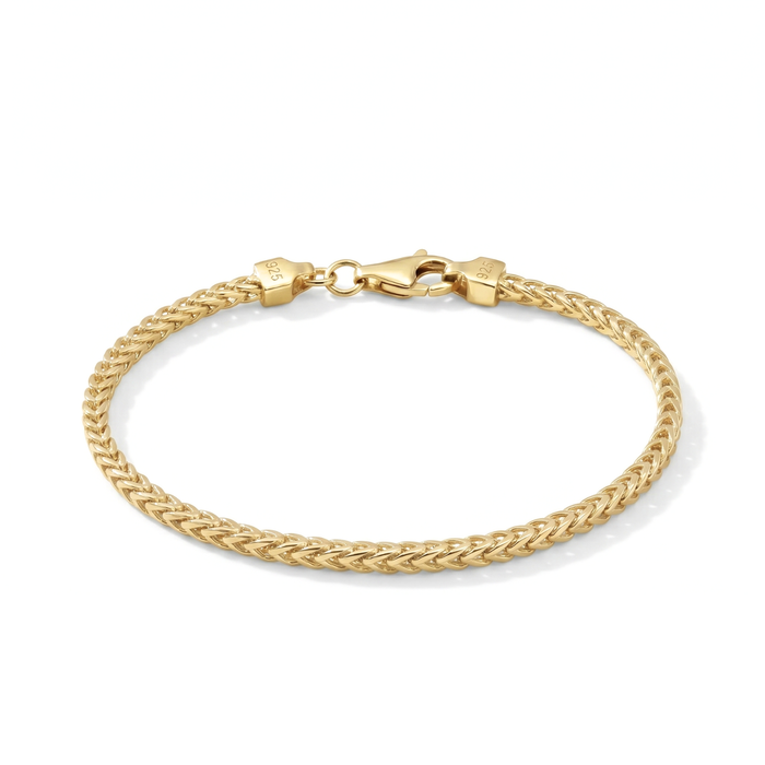 14k Gold Plated Italian Franco Chain Bracelet, Solid Sterling Silver, With Lobster Lock, 7 Inches