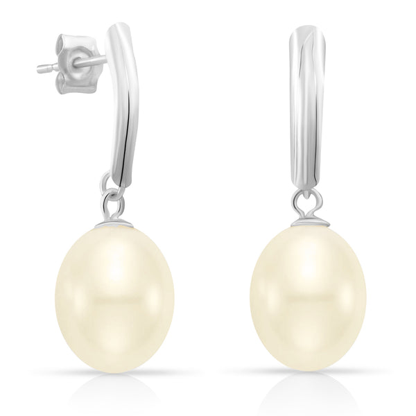 14k Solid White Gold Pearl Dangle Earrings with Butterfly Backings