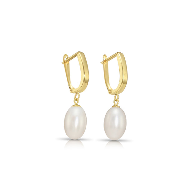 14K Gold Classic Dangle Freshwater Pearl Huggie Earrings