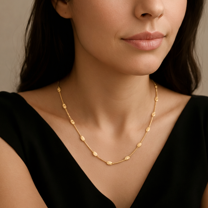 Sterling Silver Gold Plated Diamond-Cut Oval Bead Chain Necklace