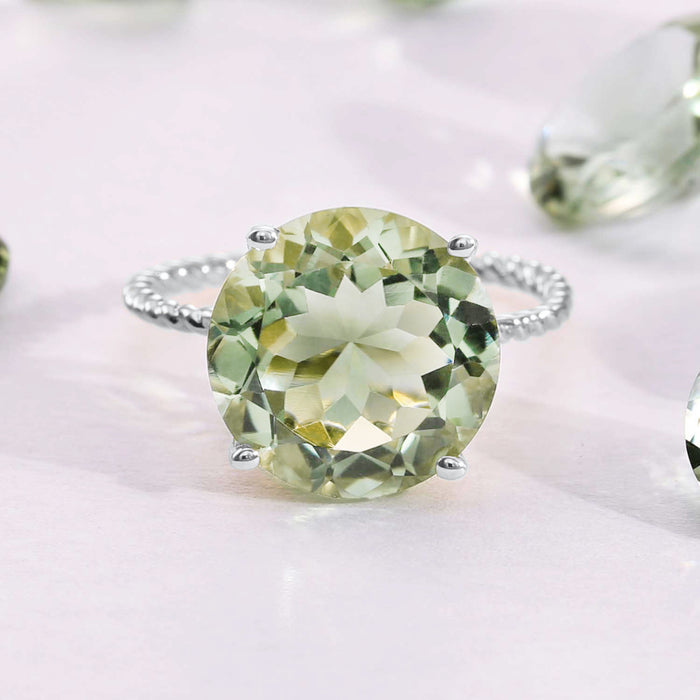 925 Sterling Silver Green Amethyst Quartz Gemstone Ring, 5.6 CTW