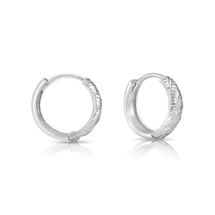 14K Solid Gold Textured Huggie Hoop Earrings - Tornado Design - 12mm