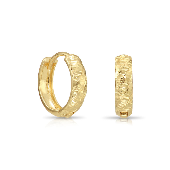 14K Solid Gold Textured Huggie Hoop Earrings - Tornado Design - 12mm
