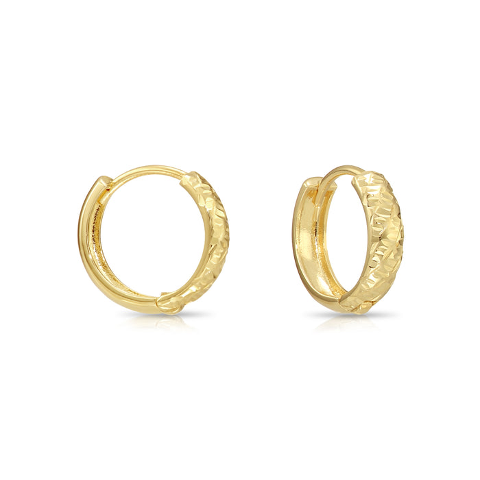 14K Solid Gold Textured Huggie Hoop Earrings - Tornado Design - 12mm