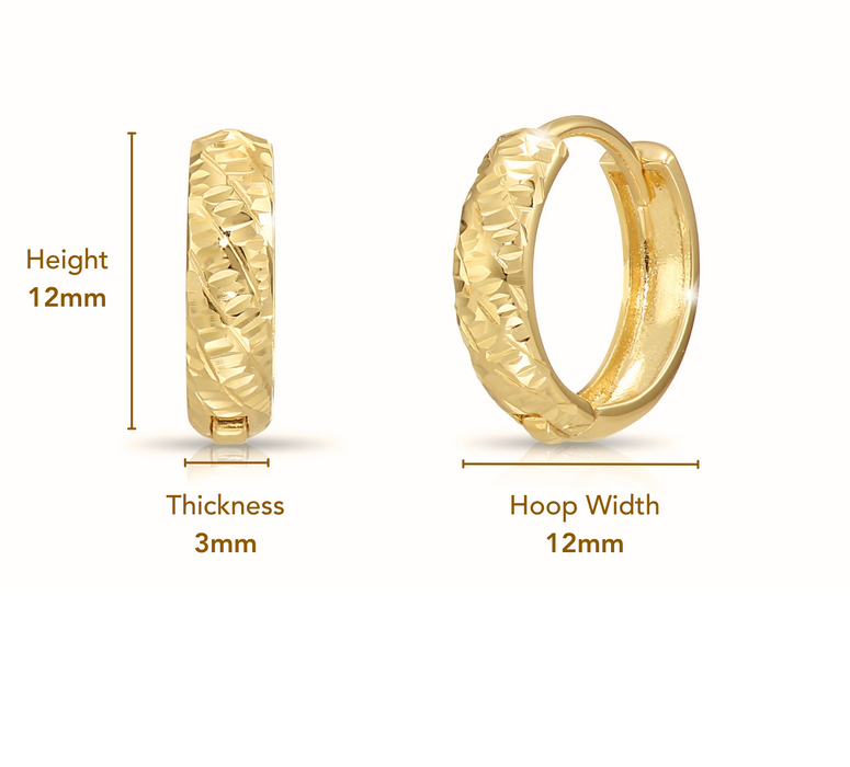 14K Solid Gold Textured Huggie Hoop Earrings - Tornado Design - 12mm