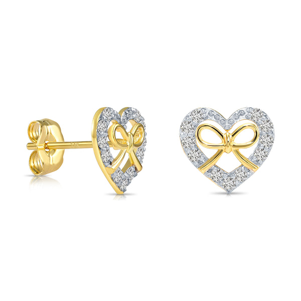 14k Gold Halo Heart set in Lab Diamonds with Bow Stud Earrings - Push Backs