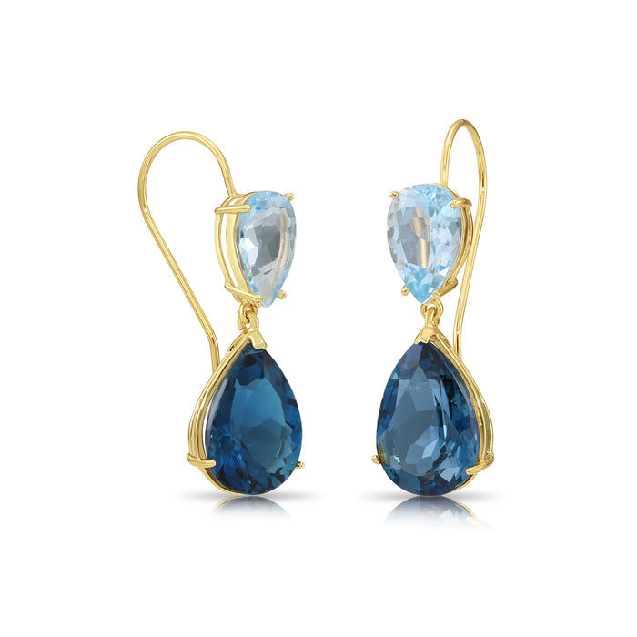 14K Yellow Gold 26 CTTW London Blue and Sky Blue Topaz Pear Shape Dangle Drop Earrings