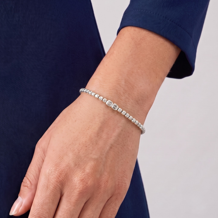 Sterling Silver Diamond-Cut "Tiger" Bead Stretch Bracelet