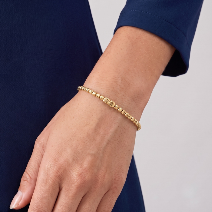 14K Gold Plated Diamond-Cut "Tiger" Bead Stretch Bracelet, Solid Sterling Silver