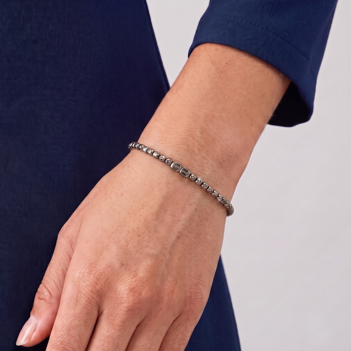 Sterling Silver Diamond-Cut "Tiger" Bead Stretch Bracelet, Gunmetal Finish