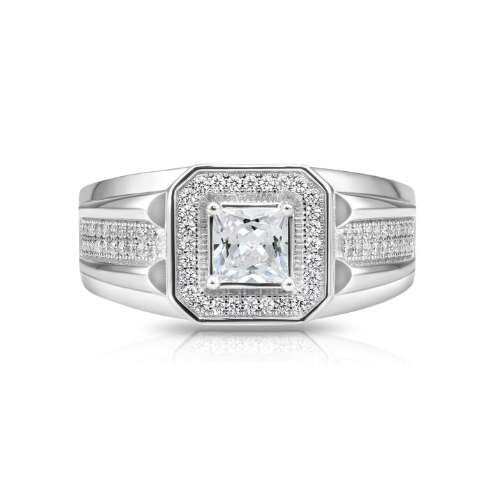 .925 Silver Men's Ring with Square Center and Halo CZ
