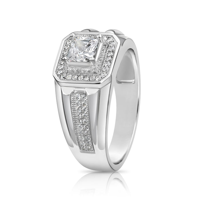 .925 Silver Men's Ring with Square Center and Halo CZ