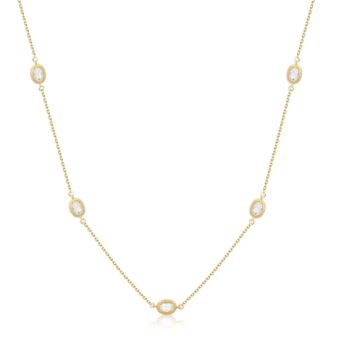925 Sterling Silver Milgrain Oval CZ By The Yard Gold Tone Necklace
