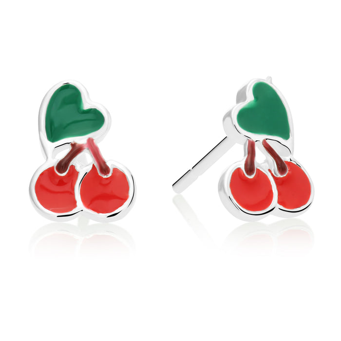 925 Sterling Silver Enamel Cherry Push Back Studs