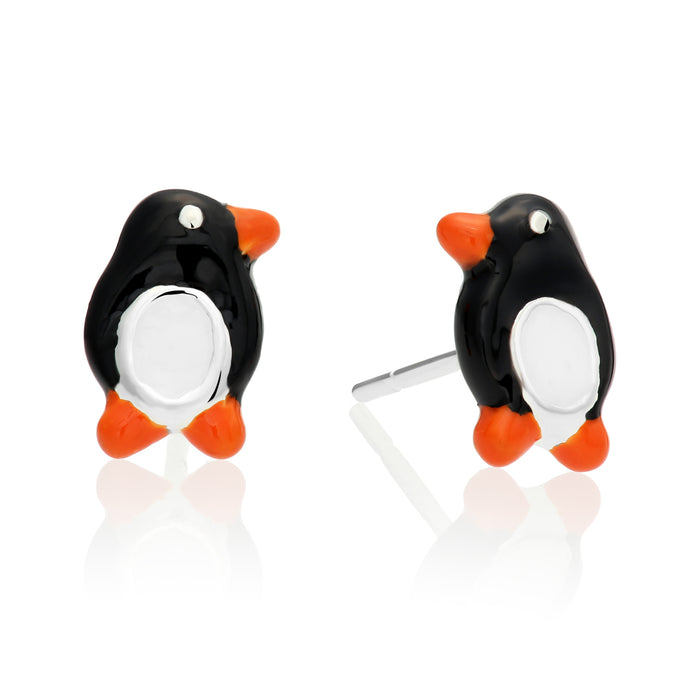 925 Sterling Silver Enamel Penguin Push Back Studs