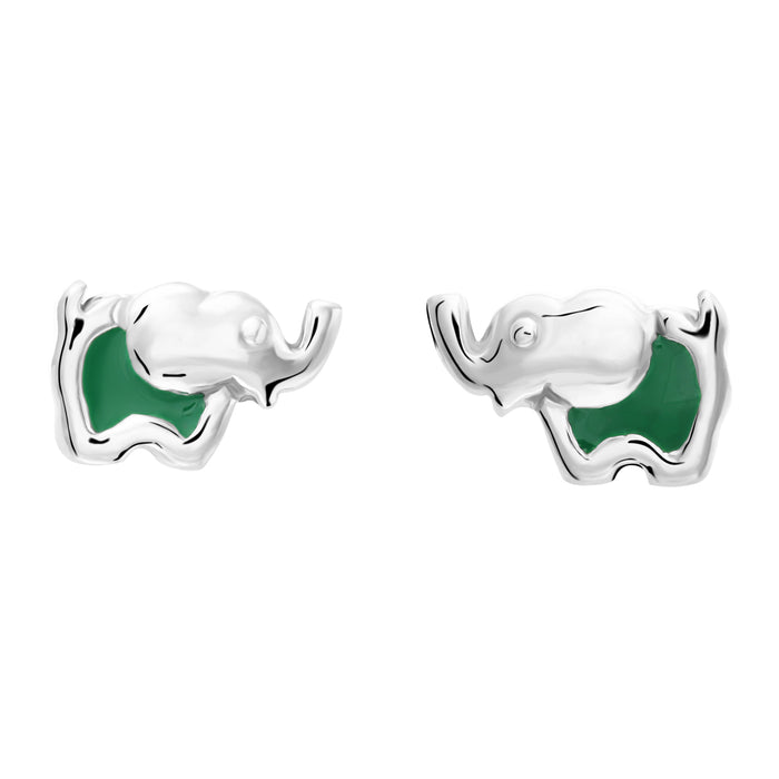 925 Sterling Silver Green Enamel Elephant Push Back Studs