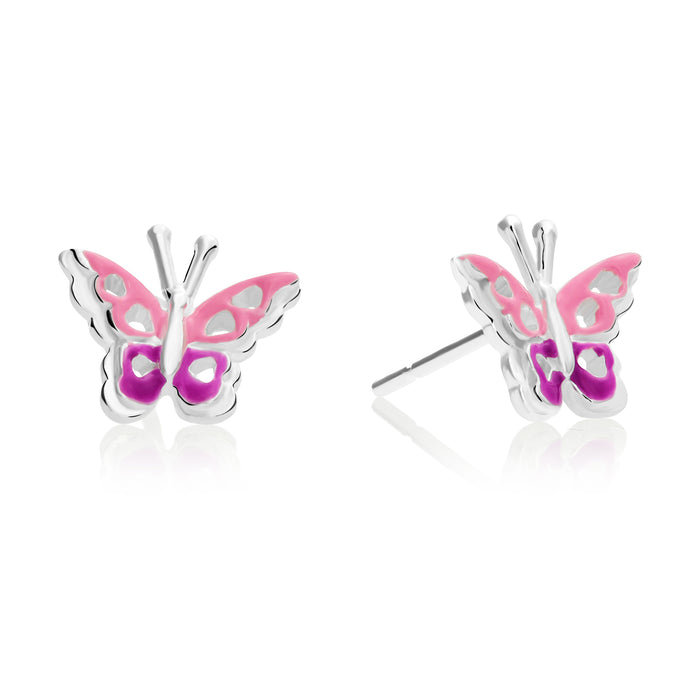 925 Sterling Silver Enamel Pink Butterfly Push Back Studs