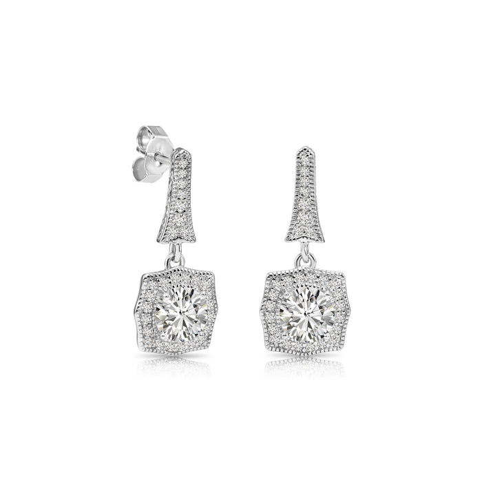 925 Sterling Silver CZ Halo Dangle Drop Stud Earrings