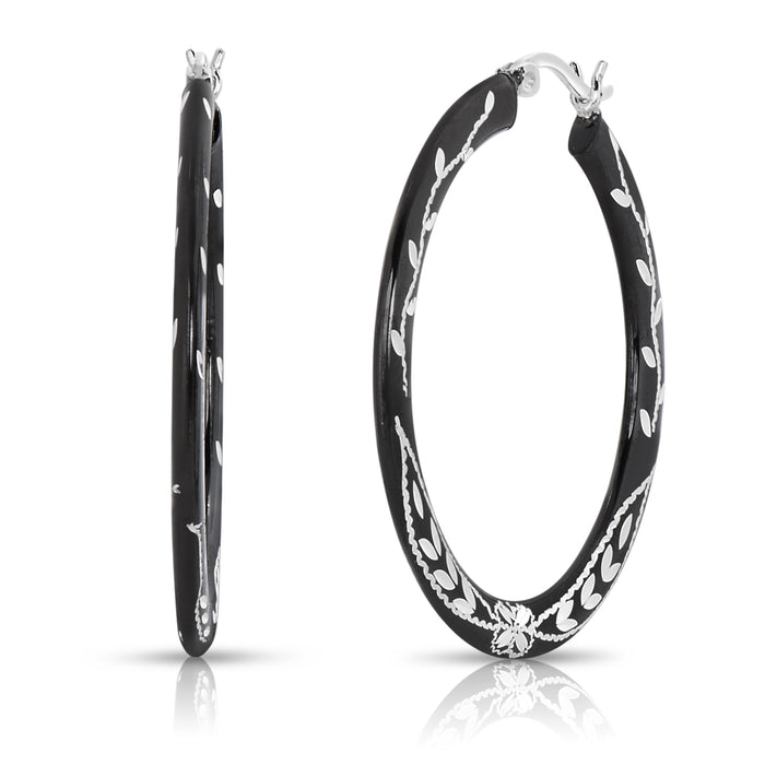 Sterling Silver Black Hoop Earrings with Floral Diamond Cuts, Flat Body