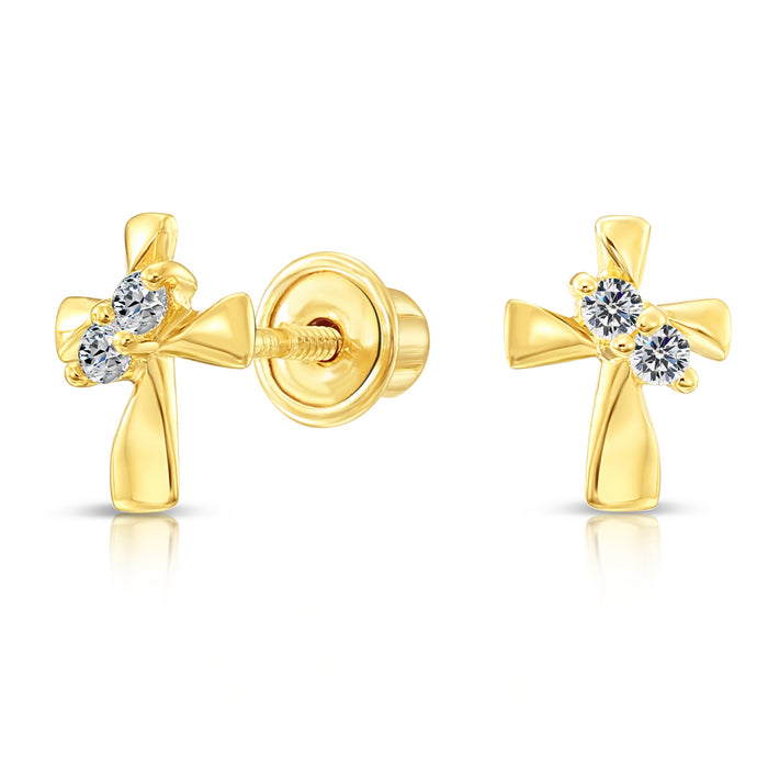 10k Yellow Gold Cross Cubic Zirconia Stud Earrings
