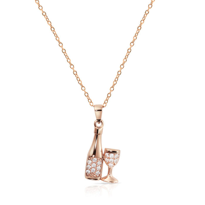 Sterling Silver Cubic Zirconia New Year Celebration Champagne and Glass Pendant Necklace