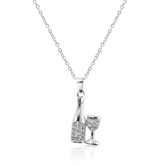 Sterling Silver Cubic Zirconia New Year Celebration Champagne and Glass Pendant Necklace