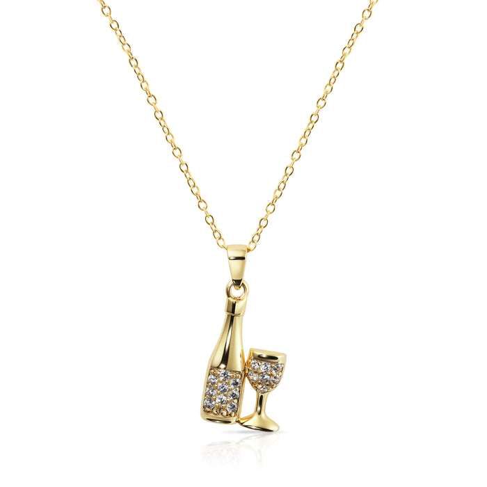 Sterling Silver Cubic Zirconia New Year Celebration Champagne and Glass Pendant Necklace