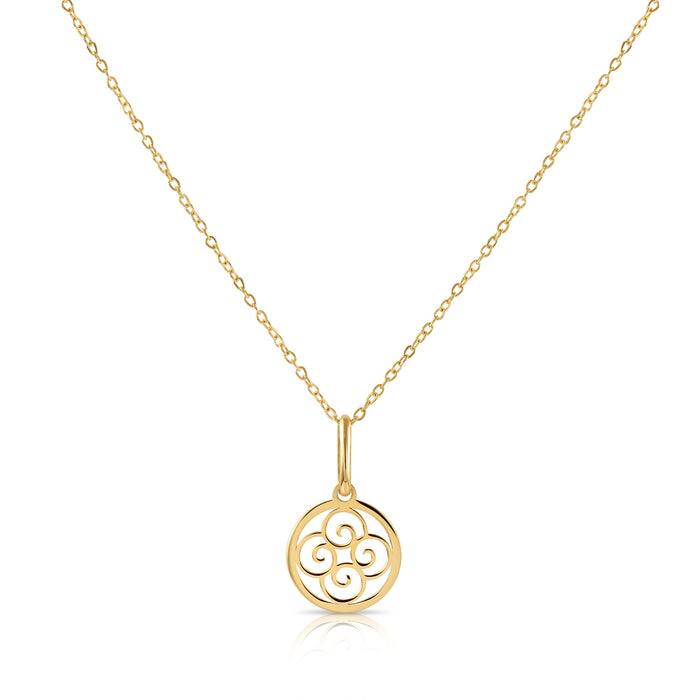 14K Yellow Gold Spiral Four Leaf Filigree Pendant Necklace