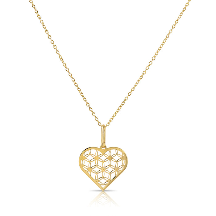 14K Yellow Gold Heart Flower of Life Pendant Necklace