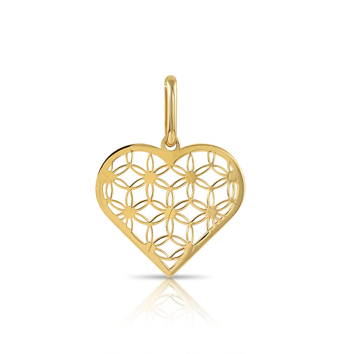 14K Yellow Gold Heart Flower of Life Pendant Necklace