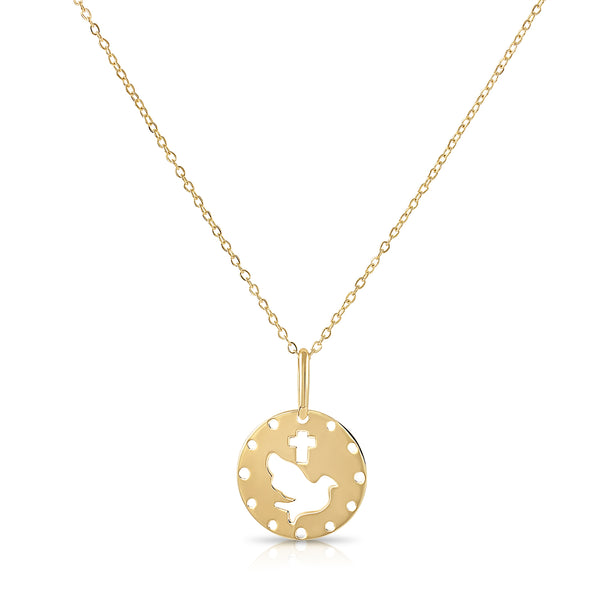 14K Yellow Gold Dove and Cross Pendant Necklace