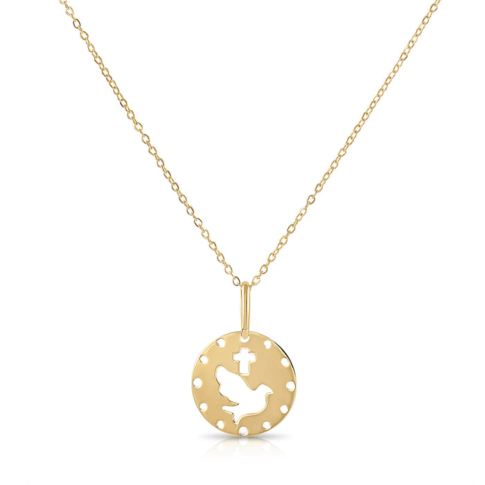 14K Yellow Gold Dove and Cross Pendant Necklace