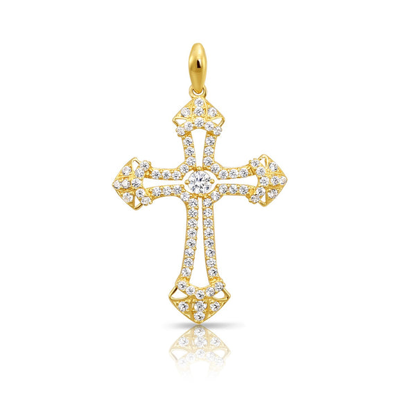 14K Solid Yellow Gold Cubic Zirconia Cross Pendant