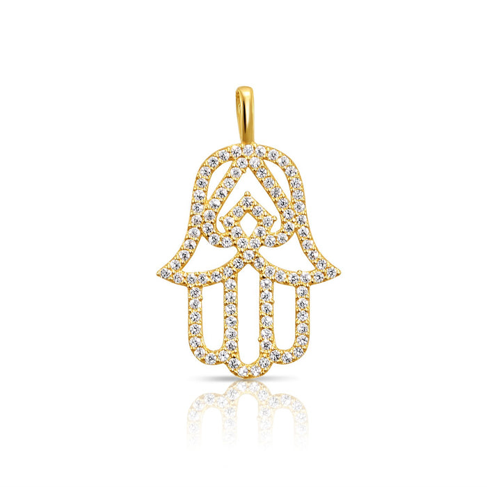14K Solid Yellow Gold CZ Hamsa Pendant